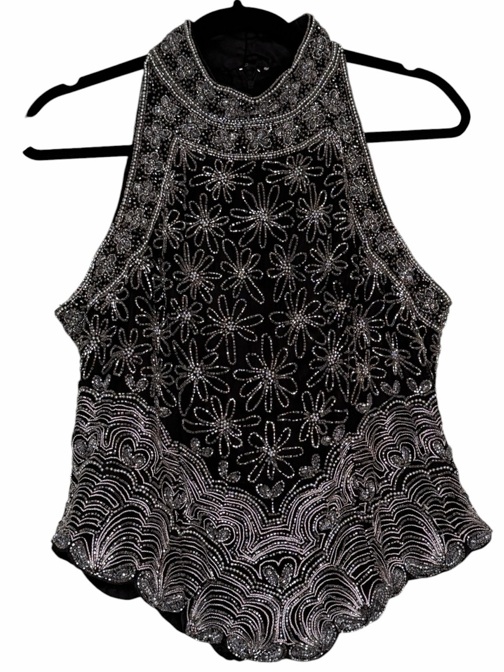 Adrianna Papell Black Beaded High Neck Halter Top with Silver Embellishment